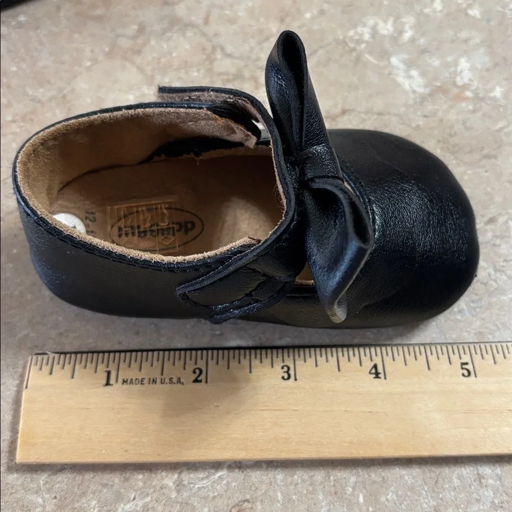 Myggpp Classic Black Infant Crib Shoes with Bow Size 12-18M